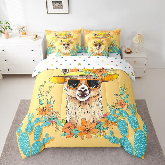 Feelyou Cute Llama 7 Piece Bedding Set Twin Size Floral Flower Comforter Set with Sheets for Teens Cactus Bed in a Bag Nature Yellow Bed Set