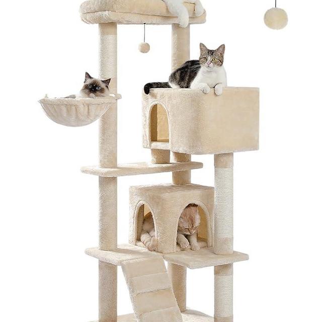 MUTTROS Cat Tree for Large Cats Adult with Super Large Top Perch, 56.3" Cat Tower for Large Cats with Plush Hammock, Cat Shelves and Dangling Pompom, Cat Scratching Posts and 2 Condos Houses, Beige