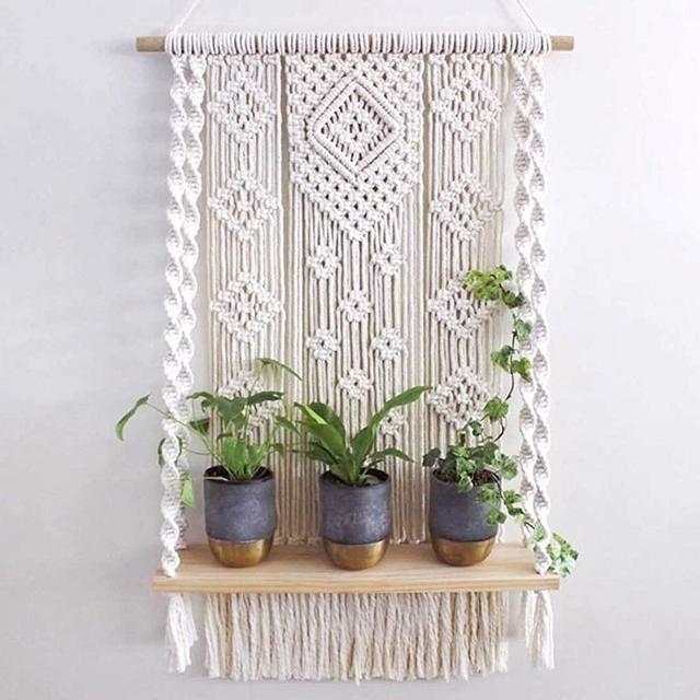 Macrame Wall Hanging Shelf, Handmade Indoor Boho Rope Plant Pot Basket Hanger Holder, Rope Plant Hanger for Wall Decor