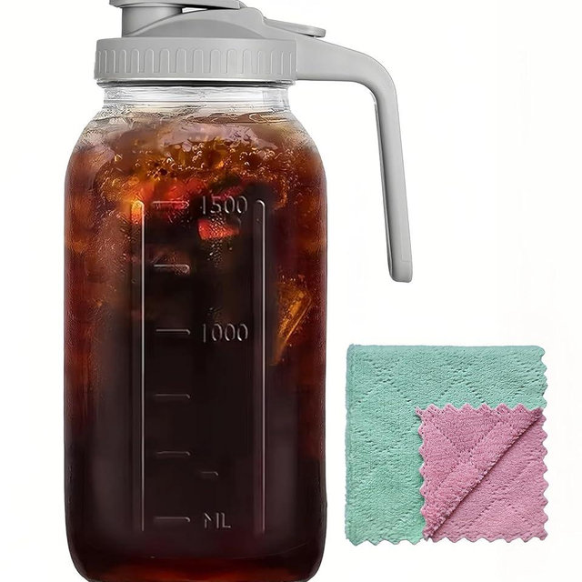 64oz Glass Pitcher Carafes With Handle and Lid, 2 Quart Mason Jar, Large Water Jug, Glass Containers for Fridge, Water Pitcher for Juice, Iced & Sun Tea, Cold Brew Coffee, Homemade Beverage