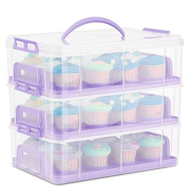 Flexzion Cupcake Carrier Holder Container Box (36 Slot, 3 Tier) - 36 Cupcakes Slot or 3 Large Cakes Pastry Clear Plastic Storage Basket Taker Courier with 3 Tier Stackable Layer Insert (Purple)