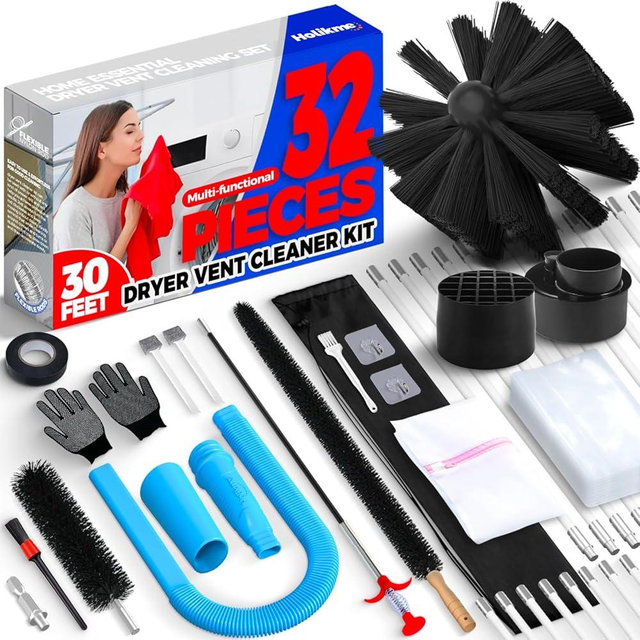 Holikme Dryer Vent Cleaner Kit Dryer Cleaning Tool Include Dryer Vent Brush, Omnidirectional Blue Dryer Lint Vacuum Attachment Dryer Lint Trap Brush, Vacuum & Dryer Adapters