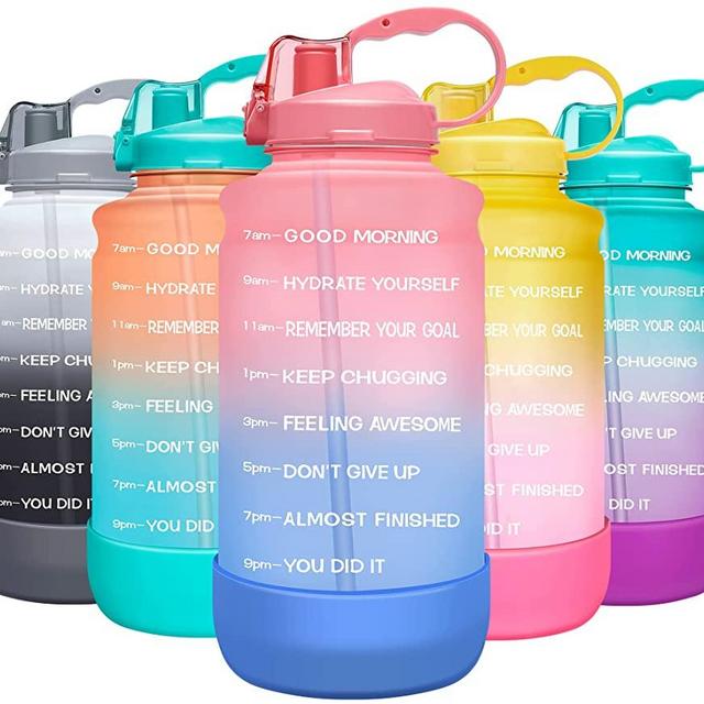 Elvira Large 1 Gallon/128 oz Motivational Time Marker Water Bottle with Straw & Protective Silicone Boot, BPA Free Anti-slip Leakproof for Fitness, Gym and Outdoor Sports
