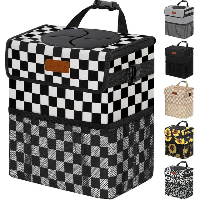 Vankor 3 Gallons Car Trash Can with Lid, Bag Bin Hanging Waterproof Automotive Car Garbage Cans Leak Proof Vehicle Trash Can for Truck SUV, Black White Checkered