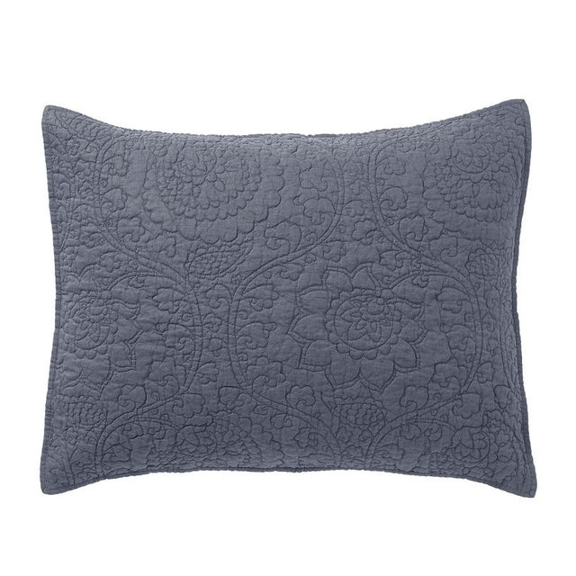 Steel Blue Belgian Flax Linen Floral Stitch Standard Shams, Set of 2
