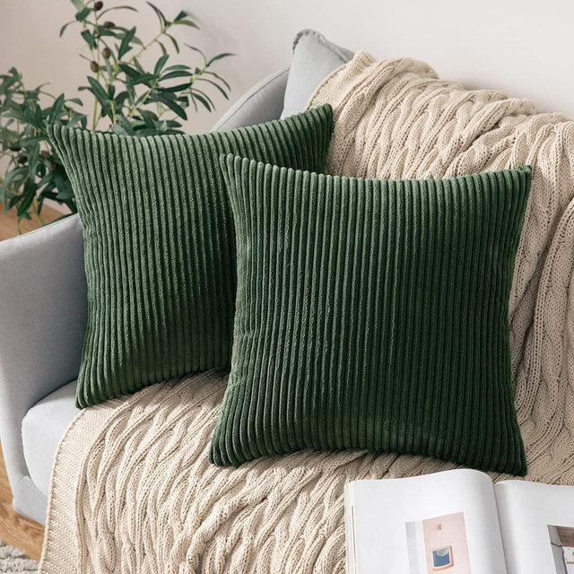 MIULEE Pack of 2 Army Green Corduroy Pillow Covers Soft Boho Striped Throw Pillow Covers Set Decorative Square Cushion Cases Pillowcases for Sofa Bedroom Couch 18 x 18 Inch