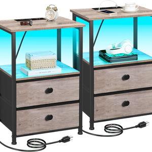 Night Stand Set 2, LED Nightstand with Charging Station, End Tables with Storage Shelf, Bedside Table with 2 Fabric Drawers for Bedroom, Small Spaces, Grey HETS02PGY