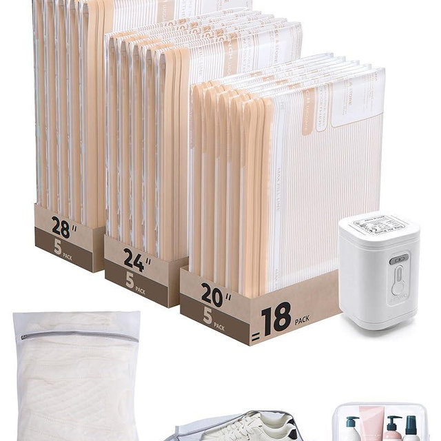BAGSMART Vacuum Storage Bags for Travel with Rechargeable Air Pump, Portable Space Saver Bags for Travel & Home, Vacuum Compression Seal Bag for Clothing, Blanket, 18 Pack Khaki Brown