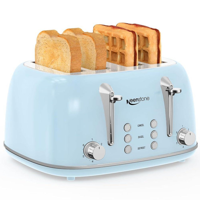 Keenstone Toaster 4 Slice, Retro Stainless Steel Wide Slot Toaster with Dual Independent Controls, 6 Browning Levels, Bagel, Defrost, Reheat & Cancel, Removable Crumb Tray, Blue