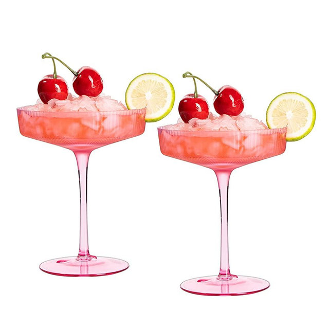 Vintage Art Deco Colored Coupe Glasses with Stems - Ripple Ribbed 8oz Classic Crystal Cocktail Coupes Perfect for Champagne, Martini, Speakeasy Goblets