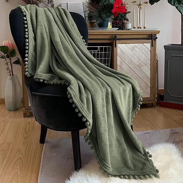 LOMAO Flannel Blanket with Pompom Fringe Lightweight Cozy Bed Blanket Soft Throw Blanket fit Couch Sofa Suitable for All Season (51x63) (Dark Olive, 51''x 63'')