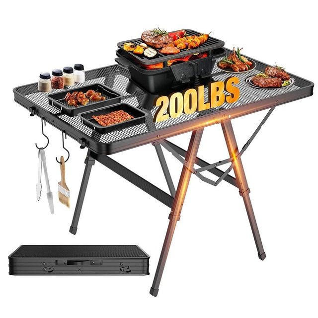 Raynesys Foldable Grill Table with Mesh Desktop, 200lbs 3Ft Portable Folding Table, Height Adjustable Metal Table for Ourdoor, Camping, Picnic, BBQ and Beach, RV, 35.4" L x 23.6" W