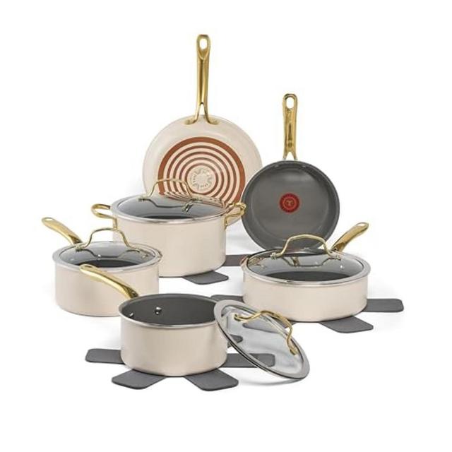 T-fal Preserve Ceramic, Ceramic Non Stick Cookware Set 13 Piece, Oven Broiler Safe 350F, Kitchen Set w/Frypans, Saucepans, Sautepan, Dutch Oven, Lids, Pan Protectors, Pots and Pans Set Nonstick Beige