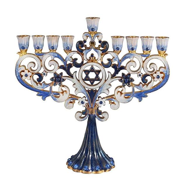 Zion Judaica Menorah Jeweled and Gold Plated Tree Fleur De Lis (Classic Blue) in Elegant Gift Box