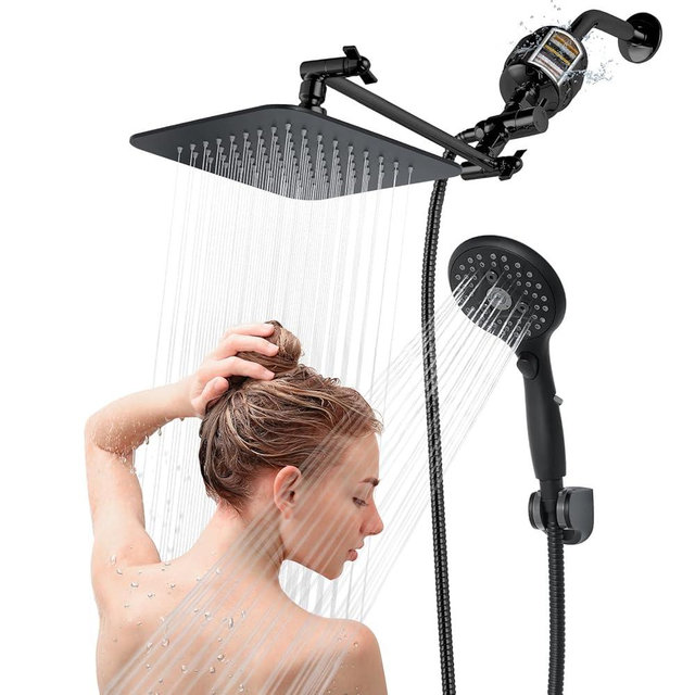 8'' Dual 20 Stage Filtered Shower Head with Handheld, 6 Spray Settings Handheld Shower Head High Pressure Rainfall Filter Combo with 12'' Adjustable Extension Arm, 71'' Shower Hose (Matte Black)