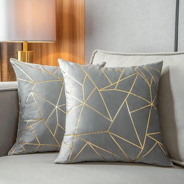 YONGLIU Pack of 2 Velvet Cushion Cases Decorative Gold Foil Geometric Pattern Throw Pillow Covers for Modern Homes Couch Sofa Bedroom Living Room(Gray and Gold, 18“X18”)
