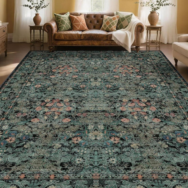 Boho Dark Green Floral Area Rug 8x10 for Living Room, Washable Farmhouse Moody Rug for Bedroom, Dining Room Under Table, Cottage Core Distressed Low Pile Non Slip Carpet, Soft Large Mat