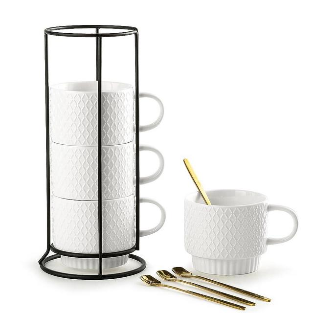 Gomakren Stackable Coffee Mugs Set with Stand, Coffe Cup with Tea Spoon 13 Ounce Cups for Cappuccino Coffee Drinks Tea, Set of 4, White Gift for Man Women 380ml