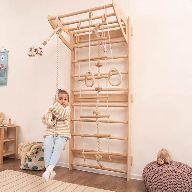 Woodandhearts Baby Mobile Swedish Ladder Swing with Rope Accessories - Indoor Monkey Bars for Montessori Toddlers in Natural Wood Color