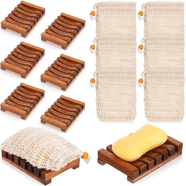 Mumufy 12 Pcs Wood Soap Dish and Exfoliating Bag Set 4.5 x 3.35 x 0.87 inches Self Draining Soap Saver Wood Tray for Bathroom Shower Travel(Brown,Bamboo)