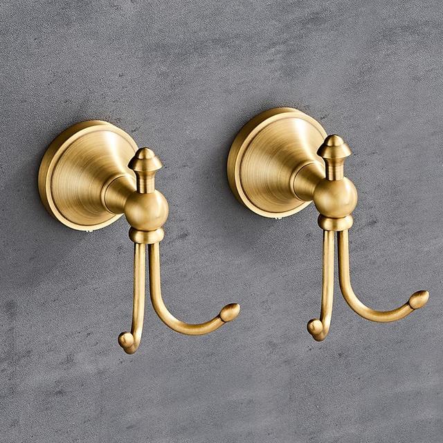 KWQKEM 2 Pcs Pack Antique Brass Towel Hook Vintage Coat Hook with 2 Hooks Wall Mounted Robe Hooks for Bathrooms and Kitchen Bronze Hand Towel Hook Hanger with Brushed Gold Finish
