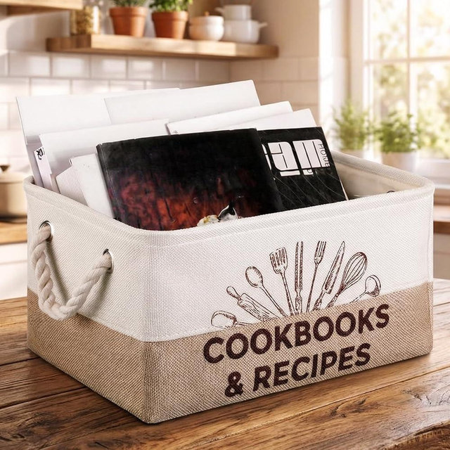 Marsui Cookbook Lover Gifts Recipe Book Storage Basket Large Foldable Bin Burlap Kitchen Decor Bin for Recipe Books Cookbooks Organizer Pantry Tabletop Shelf Closet Floor