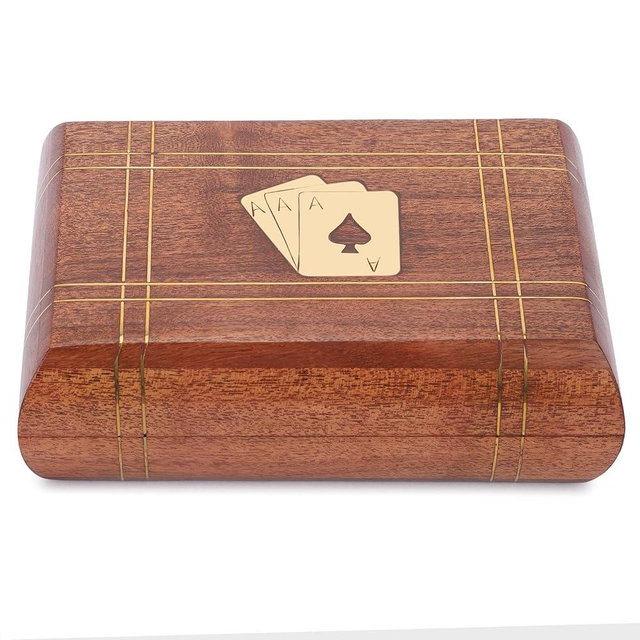 Ajuny Handcrafted Wooden Double Deck Playing Card Box Holder Decorative Storage Case Organizer With 2 Set of Playing Cards Anniversary Housewarming Gifts