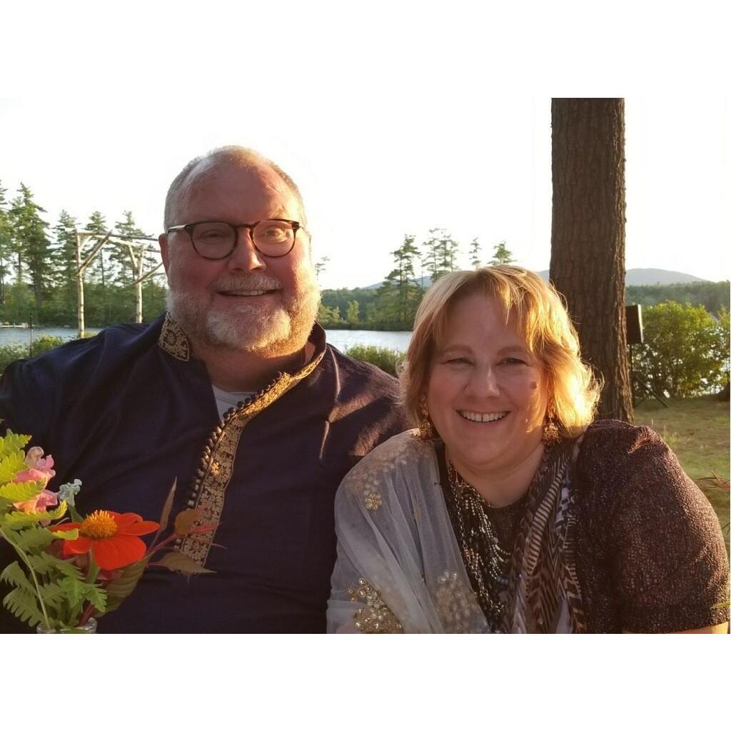 Timothy and Maureen in Maine dressed in traditional Indian garb for Ross and Linda's rehearsal dinner August 2019.
