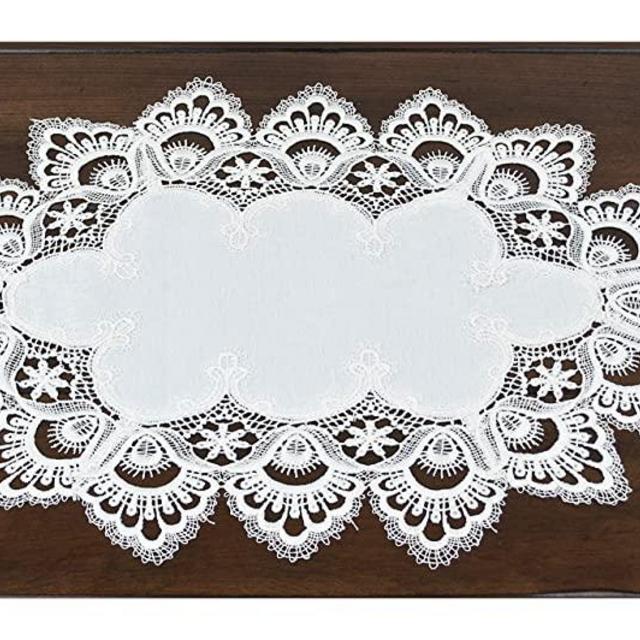 White European Lace and Antique Jacquard Fabric Peacock Tail Lace Place mat, Doily, End Table Cover 13W x 20L Approx