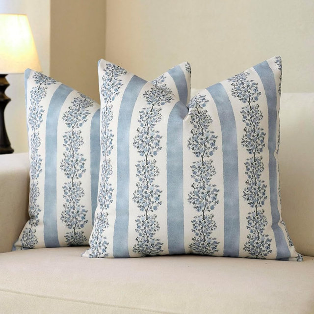DOMVITUS Floral Throw Pillow Covers 24x24 Inch Set of 2, Block Print Decorative Pillow Covers Vintage Striped Neutral Farmhouse Boho Home Decor for Couch Sofa Bed Living Room, Light Blue