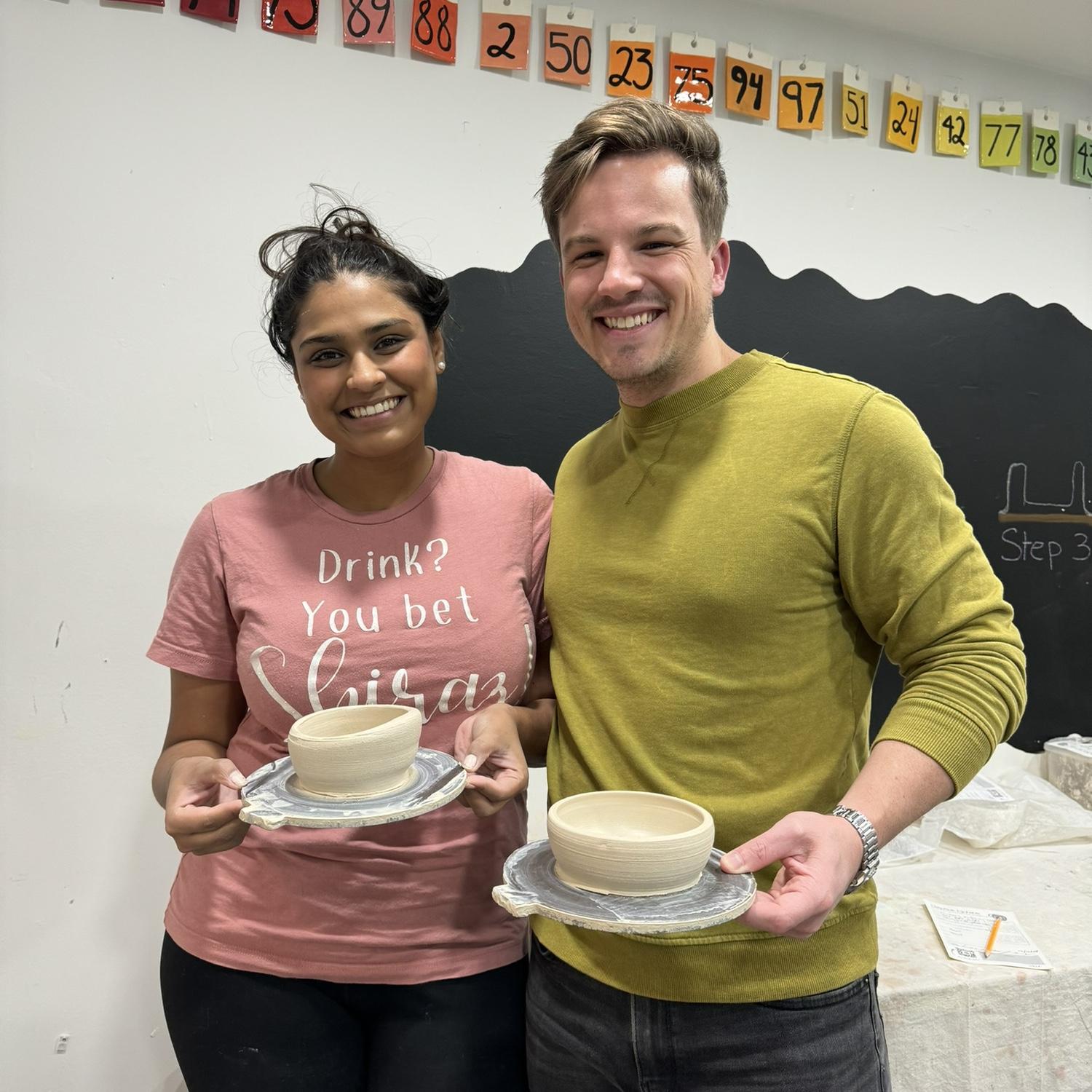 Our first time making pottery together! Zak has a knack for it!