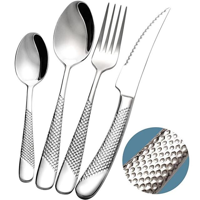 Xideman 16-Piece ​Modern Hammered Cutlery Set with Ultra Sharp 2-in-1 Serrated Knive, 18/10 Stainless Steel Silverware Set, Titanium ​Plated Flatware Set Service for 4, Knives Forks Spoons Set