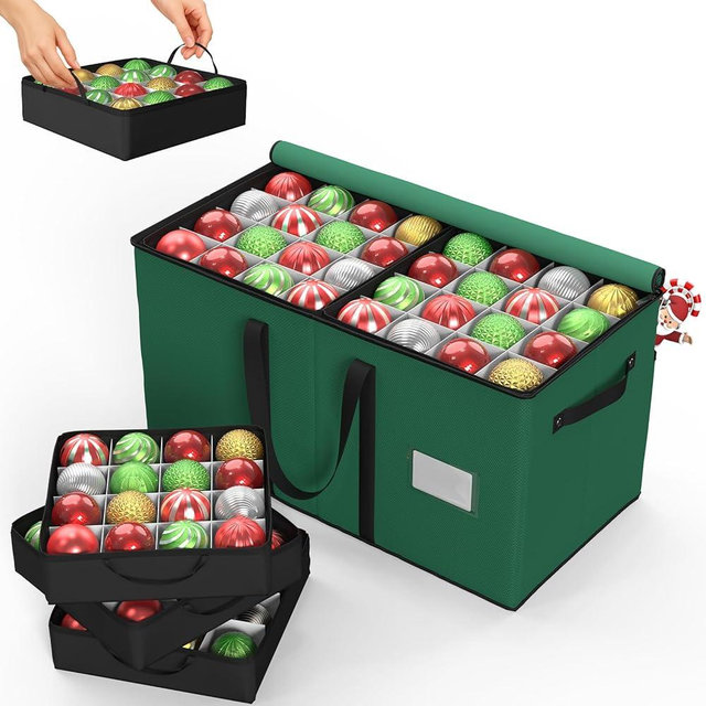 Patiobay Christmas Ornament Storage Box With 8 Trays - Stores Up to 128 Holiday Ornaments, Christmas Storage Container with Side Pocket, Adjustable Dividers, Card Slot, Tear-Proof Fabric - Green