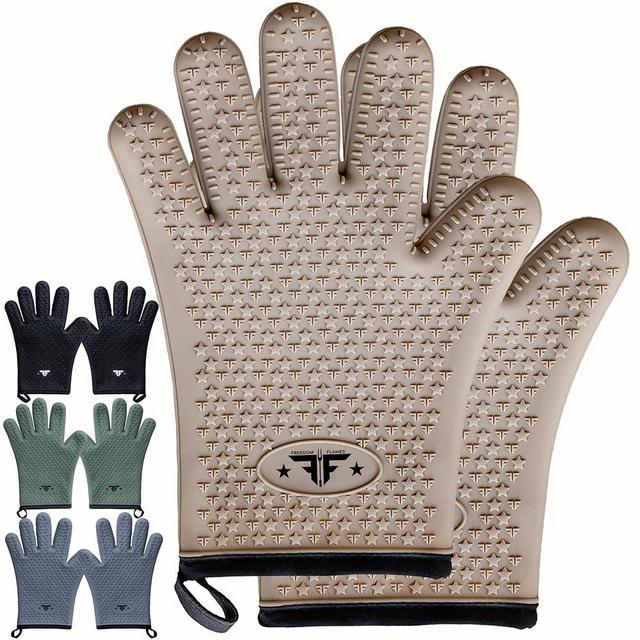Freedom Flames Silicone Oven Mitt Gloves - Heat Resistant BBQ Gloves with Fingers for Grilling or Smoker Pit, Easy Clean Waterproof Heat Proof Grill Gloves & Oven Mitts for Baking & Cooking (Tan)