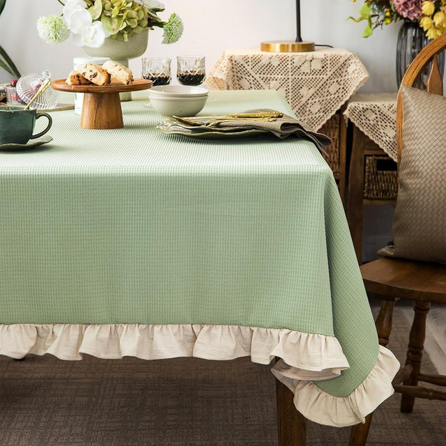 Waffle Weave Textured Rectangle/Oblong Tablecloth with Cotton Retro Ruffle Trim Solid Table Cover for Buffet Banquet Parties Event Holiday Kitchen Dining Farmhouse Decor Pea Green 55x102 Inches