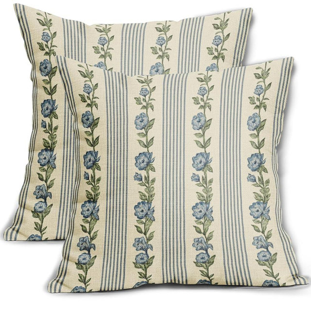 Blue Green Floral Pillow Covers 18x18 Set of 2 Spring Summer Vintage Flower Striped Pattern Print Decorative Throw Pillow Cases Outdoor Rustic Seasonal Farmhouse Decoration for Sofa Couch Bed