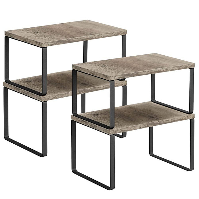 SONGMICS Cabinet Shelf Organizers, Set of 4 Countertop Organizers, Kitchen Counter Shelves, Stackable, Expandable, Metal and Particleboard, Greige and Black UKCS021X02
