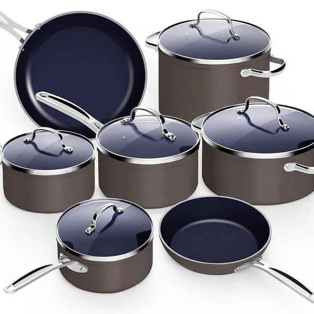 Nuwave 12pc Forged Lightweight Cookware Set, G10 Healthy Duralon Ceramic Ultra Non-Stick Coating, Vented Tempered Glass Lids, Stay-Cool Handles, Induction-Ready & Works on All Cooktops, PFAS Free