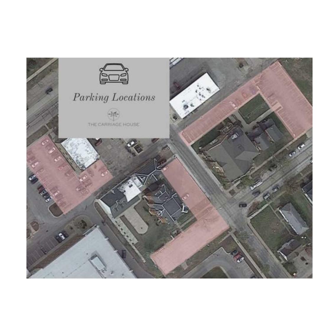 Please park in red highlighted areas on day of event and rehearsal dinner.