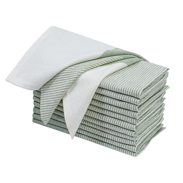 Ramanta Home Cloth Napkins Set of 12 18x18 Inches - Fall Thanksgiving Block Striped Dinner Napkins for Christmas Farmhouse Wedding, Washable Soft Cotton Durable Table Linen for Everyday Use - Green