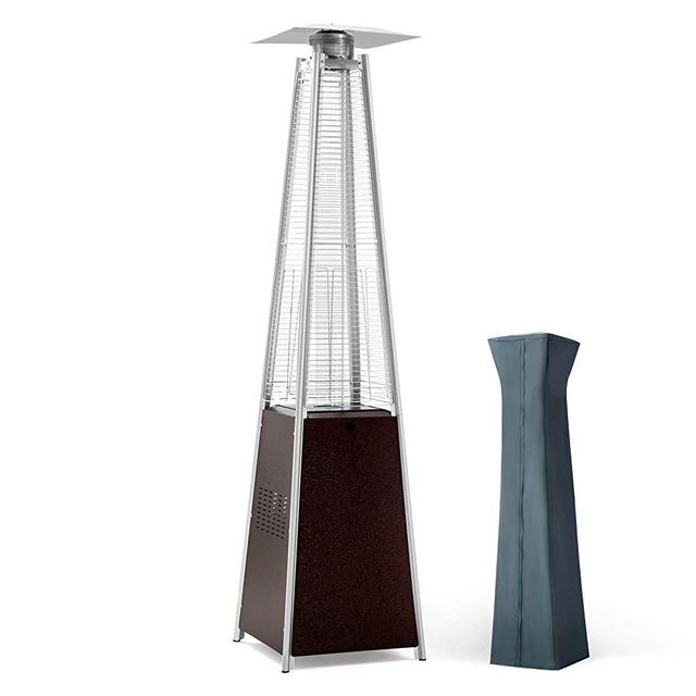 PAMAPIC Patio Heater, 42,000 BTU Pyramid Flame Outdoor Heater wtih Cover, Quartz Glass Tube Hammered Bronze Tower Propane Outdoor Heater with Wheels