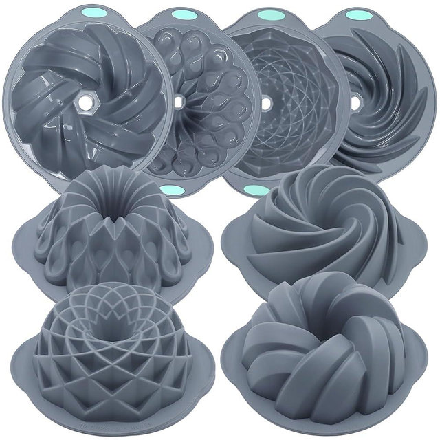 Tongjude 4 Pieces Silicone Fluted Cake Pans, 10/12 Cups Tube Baking Pan, Silicone Molds for Homemade Cake, Bread and Jello, Non-Stick, Grey
