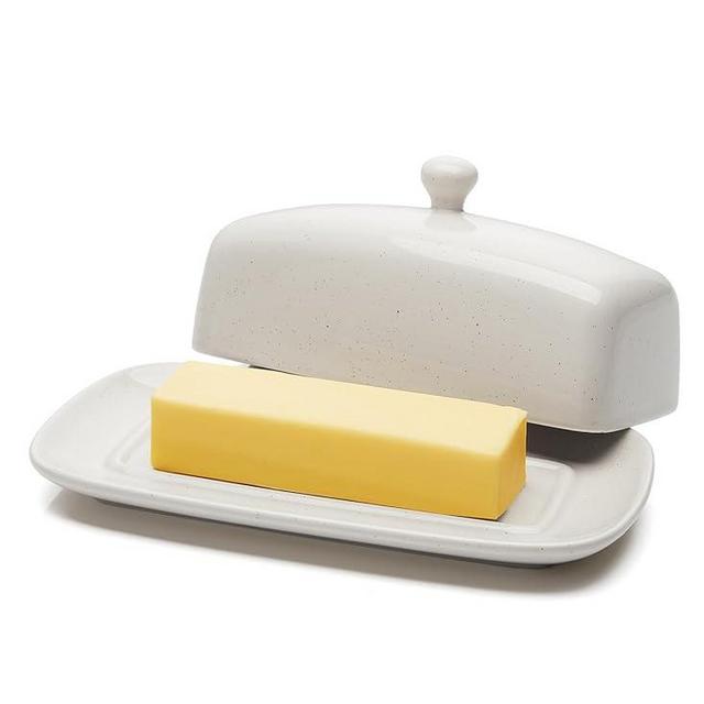 Butter Dish with Lid, Porcelain Butter Keeper, 7.8 Inch Butter Holder with Handle Cover, Butter Container Perfect for East West Coast Butter, Light Gray