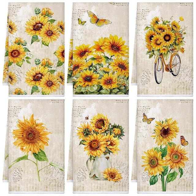 Bencailor 6 Pcs Sunflower Kitchen Towels Sets Decorative Dish Towels Absorbent Fast Drying Hand Cloths Hanging Reusable Cleaning Dishcloths for Cooking Housewarming