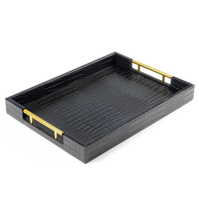 ATZYmolin 17" x 12" Wood Serving Tray with Gold Polished Metal Handles, Home Decorative Wooden Rectangle Ottoman Leather Decor Platter Bathroom Vanity Tray for All Occasions Alligator Black