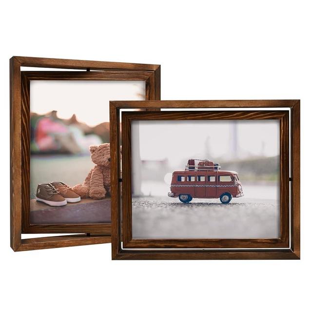 Egofine 2 Pack 8x10 Rotating Floating Picture Frames,Double-Sided Display with HD Glass Front Wooden Distressed Frame for Vertical or Horizontal Tabletop Display, Carbonization