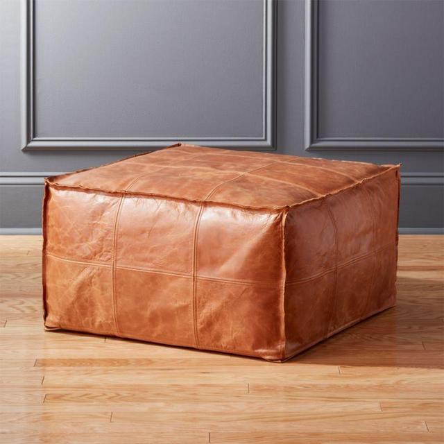 Medium Square Leather Ottoman-Pouf