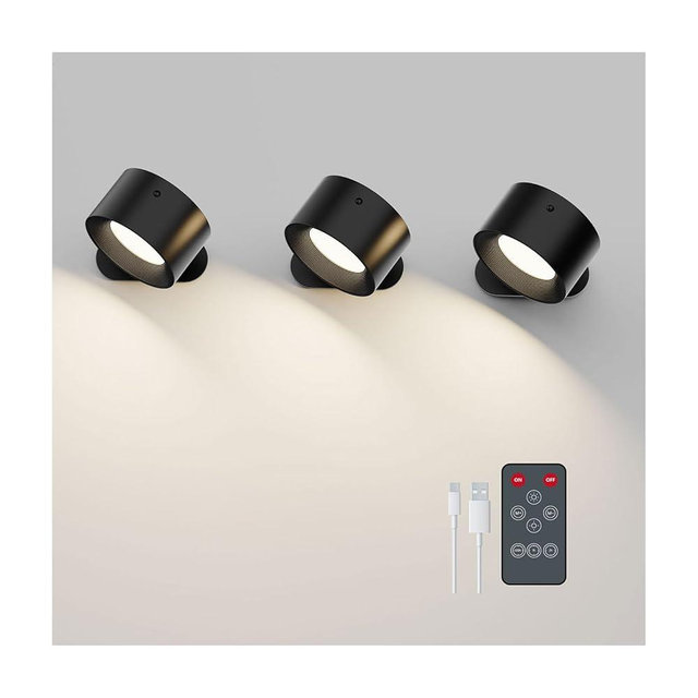 Koopala 3PACK Rechargeable LED Wall Sconce, Cordless Battery with Remote Powered Wall Sconce, 3 Brightness Levels, 360° Swivel Magnetic Shade for Bedrooms, Hallways, Den and Reading Spaces（Black）
