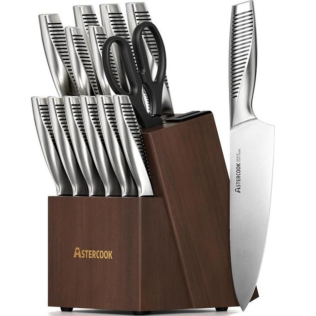 Astercook Knife Set, 15 Pieces Full Tang Kitchen Knife Sets with Block and Built-in Sharpener, German Stainless Steel Knives Block Sets Dishwasher Safe