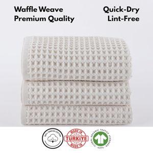 PÜSKÜL Waffle Kitchen Towels - Premium 100% Turkish Organic Cotton Ultra Soft Quick Dry Absorbent Lint Free Hand Dish Towel 32X16 Inches (3, Natural Beige)